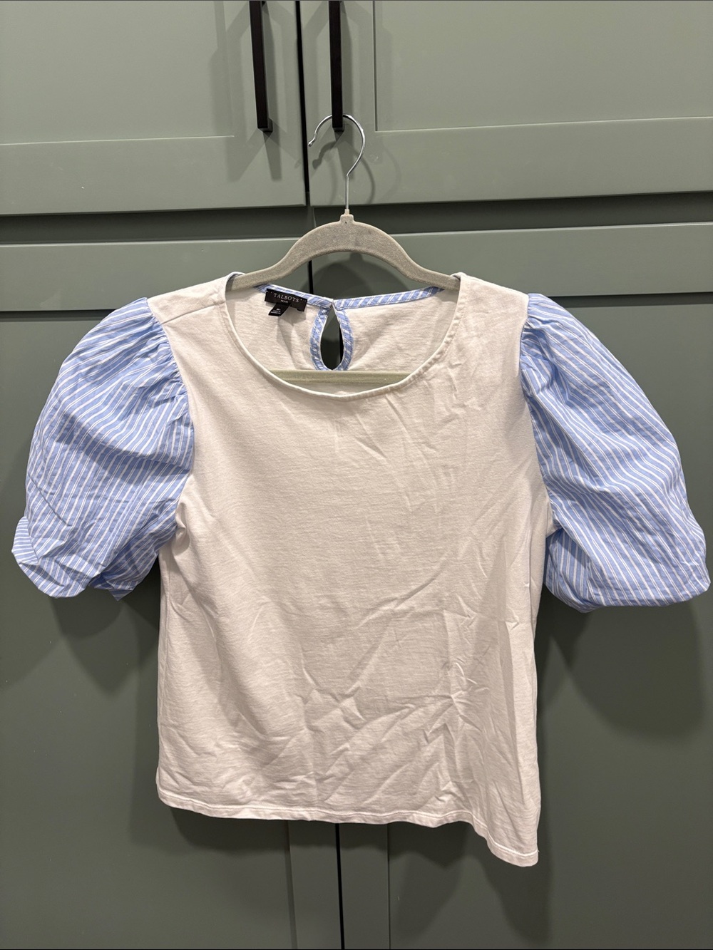 Talbots White Top with Blue Striped Puff Sleeves